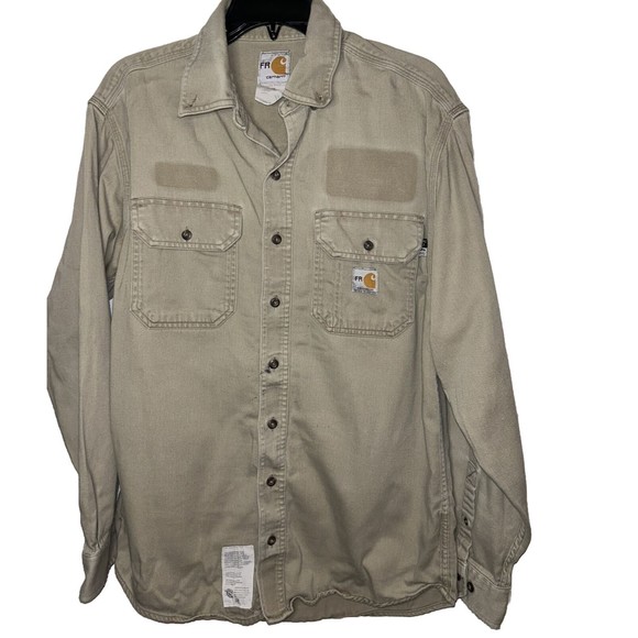 Carhartt FR Flame Resistant Long Sleeve Button Shirt Mens Medium Khaki Utility - Picture 2 of 7